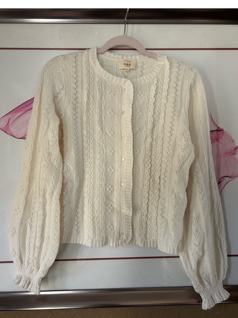 Sezane & SEA Textured Cream Merino Wool Aurelie Cardigan M